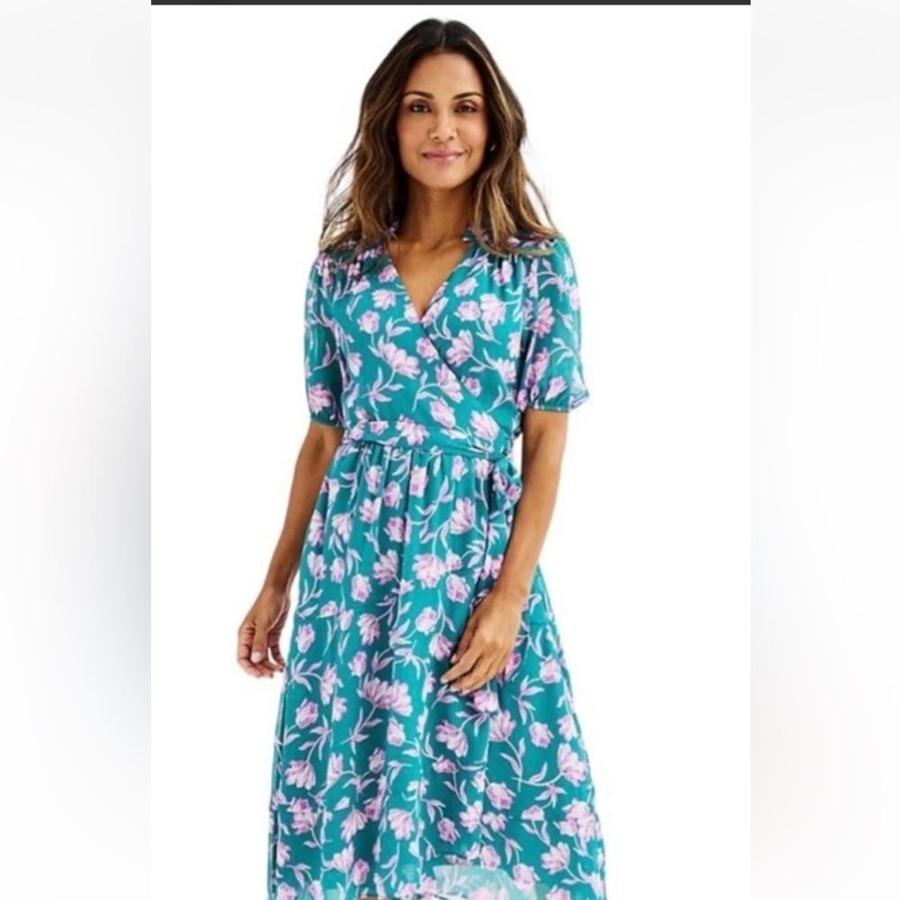 50%offw❤️ Draper James Tie Waist Midi Wrap Dress Teal Floral XS NWOT dress